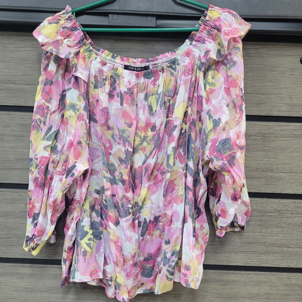 Zac & Rachel Floral Peasant Bohemian Scoop Neck XL 3/4 Sleeve Ruffle Shoulder